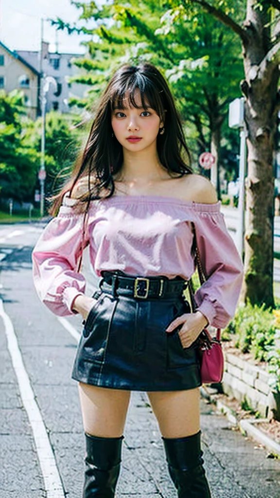 (8k、RAW Photos、highest quality、masterpiece:1.2)、(Realistic、Realistic)、1 girl、((Pink and black miniskirt、Off the shoulder、、boots、Large Breasts、View from the front、Standing with hands on hips))、Lots of eyelashes、Glowing eyelids、skeletally correct、Rub your own breasts、Happy expression、Bow-legged、