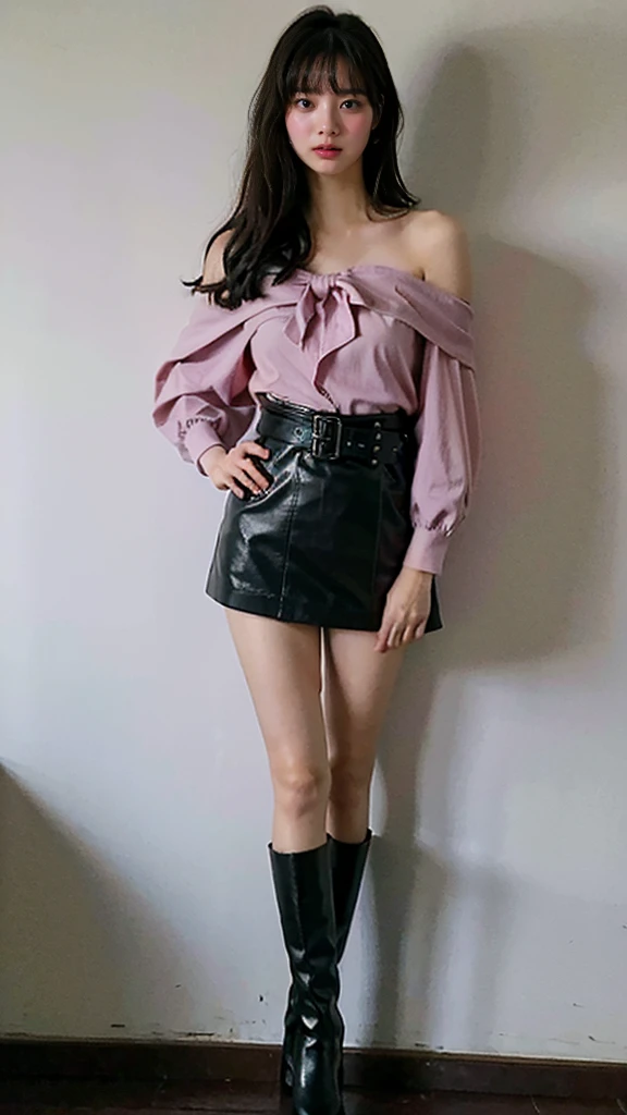 (8k、RAW Photos、highest quality、masterpiece:1.2)、(Realistic、Realistic)、1 girl、((Pink and black miniskirt、Off the shoulder、、boots、Large Breasts、View from the front、Standing with hands on hips))、Lots of eyelashes、Glowing eyelids、skeletally correct、Rub your own breasts、Happy expression、Bow-legged、
