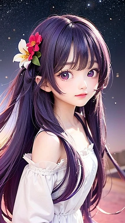 Small face、(highest quality, masterpiece), One girl, Twin tails、Pause, particle, Wind, flower, Upper Body, Simple Background, View your viewers, , Milky Way,smile、（purple,Long hair mixed with red）、cute、Twin taililky way、Crescent Moon