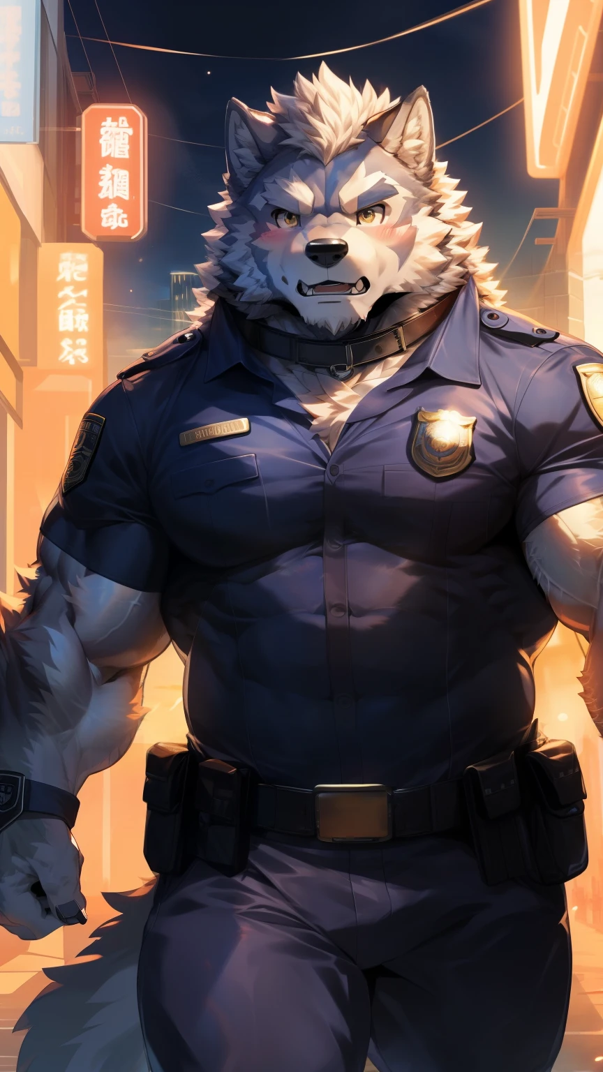 Solitary, anthropology, hairy, hairy male, Wolf, ((Fluffy fur, Fluffy, hairy body)), (Wolf印), (short beard), youth, Gray body, muscular, White, Big muscles, Golden pupils, Tail, deTailed teeth, deTailed face, Fundos,(Black tight police uniform), (The collar is open)，Black leggings, Raise a hand，Point ahead, 很Serious站在街角, deTailed Fluffy fur, deTailed face, Look at the audience, majestic, barbarous, Serious, Blushing, Strong, Futuristic city streets, Front view, (through empty ghost, From wolf26, masterpiece, high quality, high resolution,8k), permanent, Close-up portraits, outdoor, Dynamic poses, 