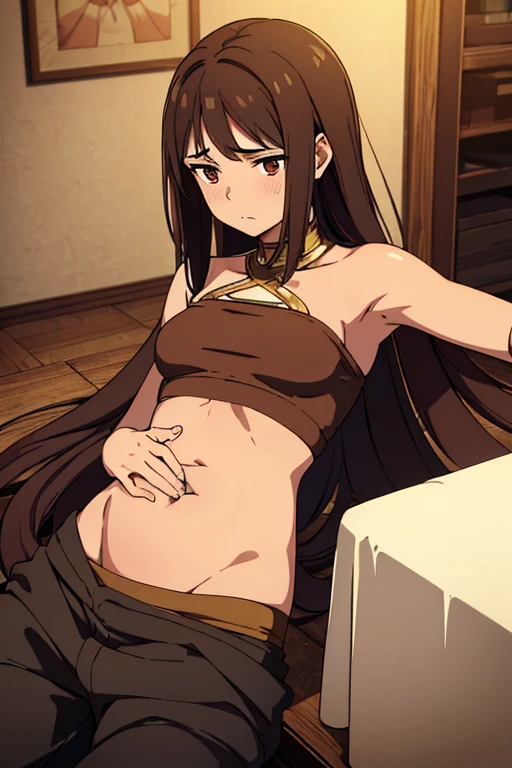 ((best quality)), ((masterpiece)), (detailed), perfect face, brown skin anime girl in a harem top, (bare shoulders), (harem pants), (long hair), starving, (resting hands on the stomach), (hands on the stomach), (skinny girl), (embarrassed expression)