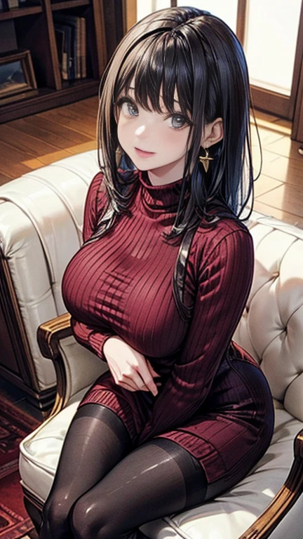 ((highest quality)), ((masterpiece)), (detailed), (Character Focus、breast focus), 8k, 4k, ((Symmetrical facial features)), Anime 2D Rendering, Realistic young anime woman,
One Girl: 1.5,
((Symmetrical facial features)), (Beautiful fine details、Shining Eyes), Perfect Face, Beautiful clavicle,Beautiful body, Beautiful thighs, Beautiful feet, Beautiful breasts, Perfect round butt,
(Beautiful white skin:1.5), (Shiny skin:1.2), Slightly larger breasts, 20-year-old,
Beautiful Hair, Hair fluttering, bangs, Black Hair, (Long Straight Hair),
(Red sleeveless high neck sweater dress:1.4、Black Pantyhose、High heels)、
Earrings、Gold Necklace、
Captivating smile、View your viewers,