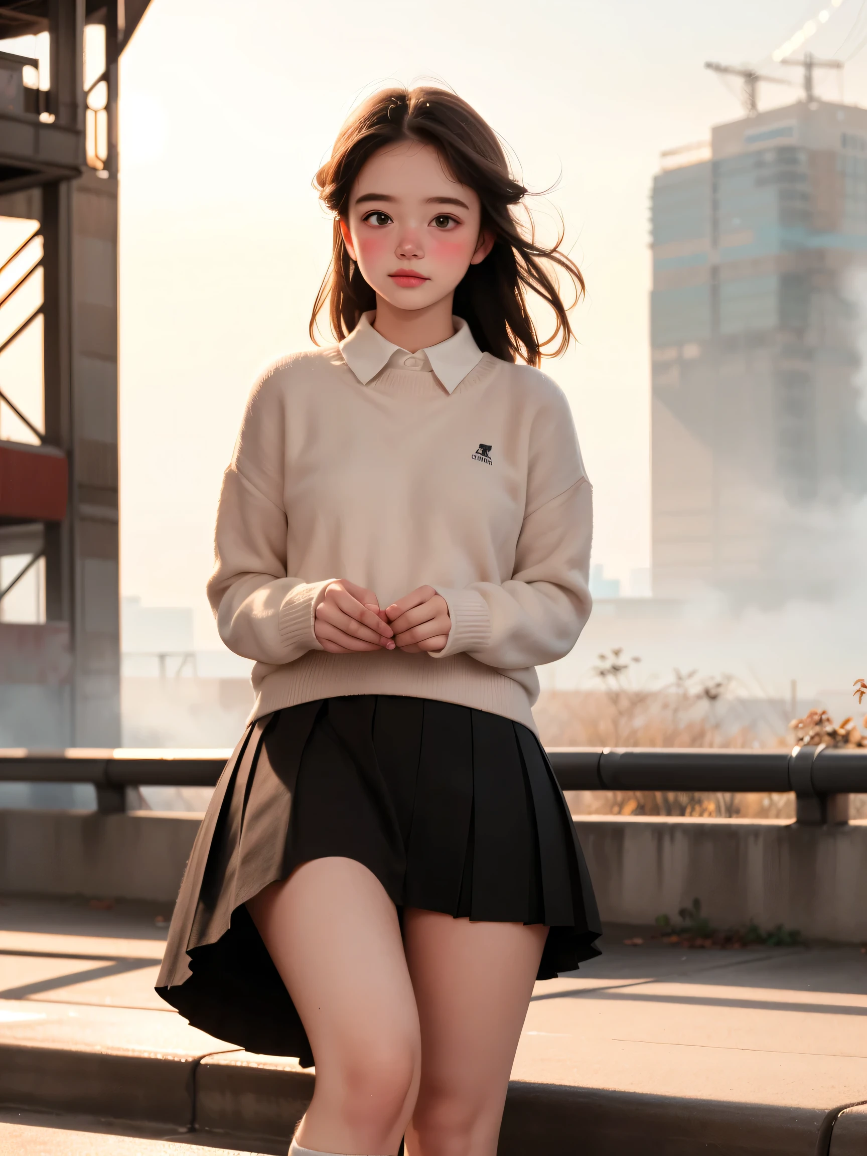 A swedish, American,  german, young woman, 20yo, downtown, in large metropolis, collared shirt, sweater, pleated skirt, chuck taylor shoes, smirk  ((heavy gaussian blur)), ((soft lighting)), (((extremely hazy:1.2))),, (extremely bright), (dreamy atmosphere), bright vivid colors, (blushing:1.2), 