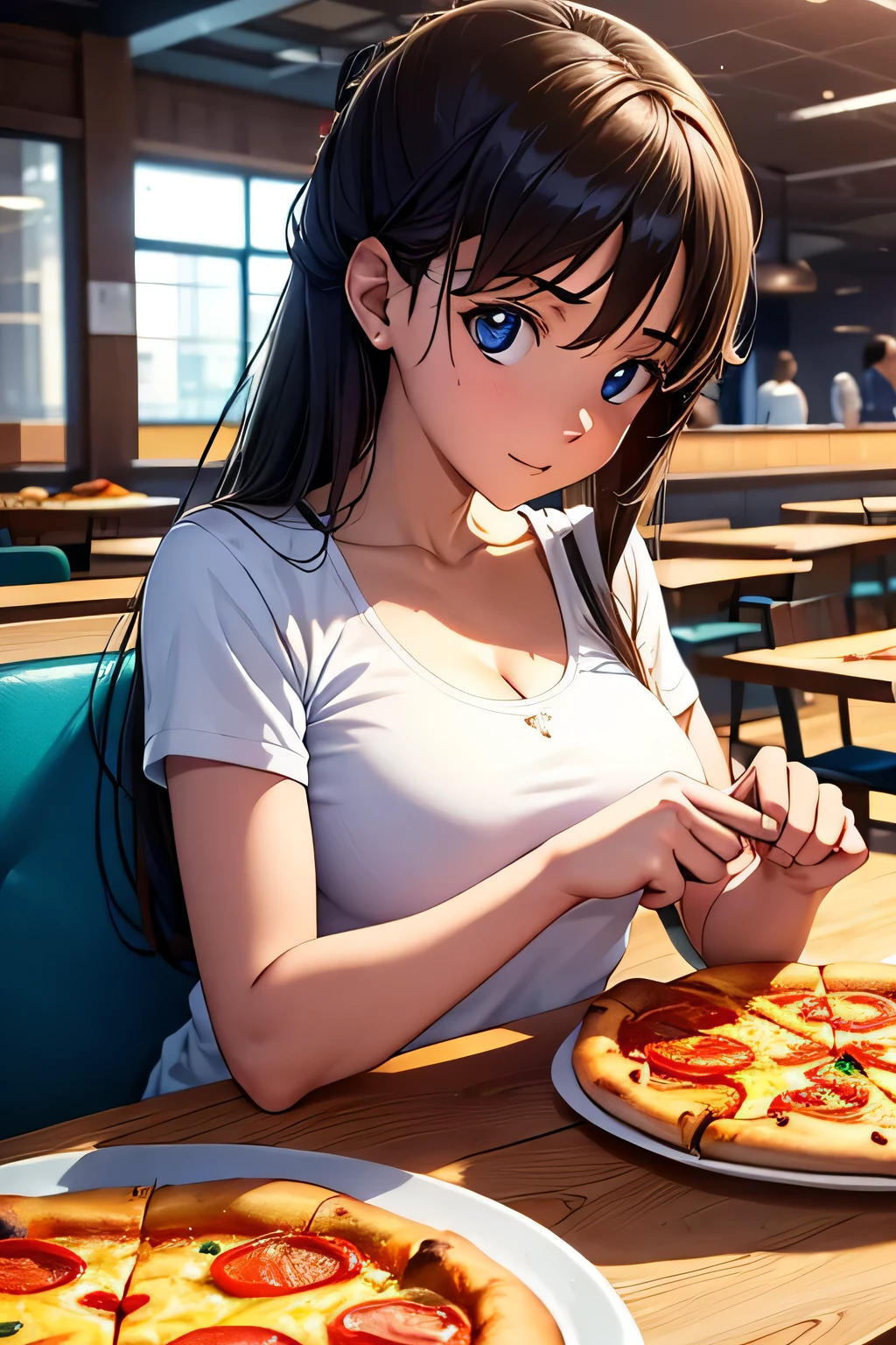 the pizza is in my head inside a cafeteria, utilizando la regla de los 3 tercios de fotografia para colocar al personaje, chica comiendo pizza medio cuerpo
