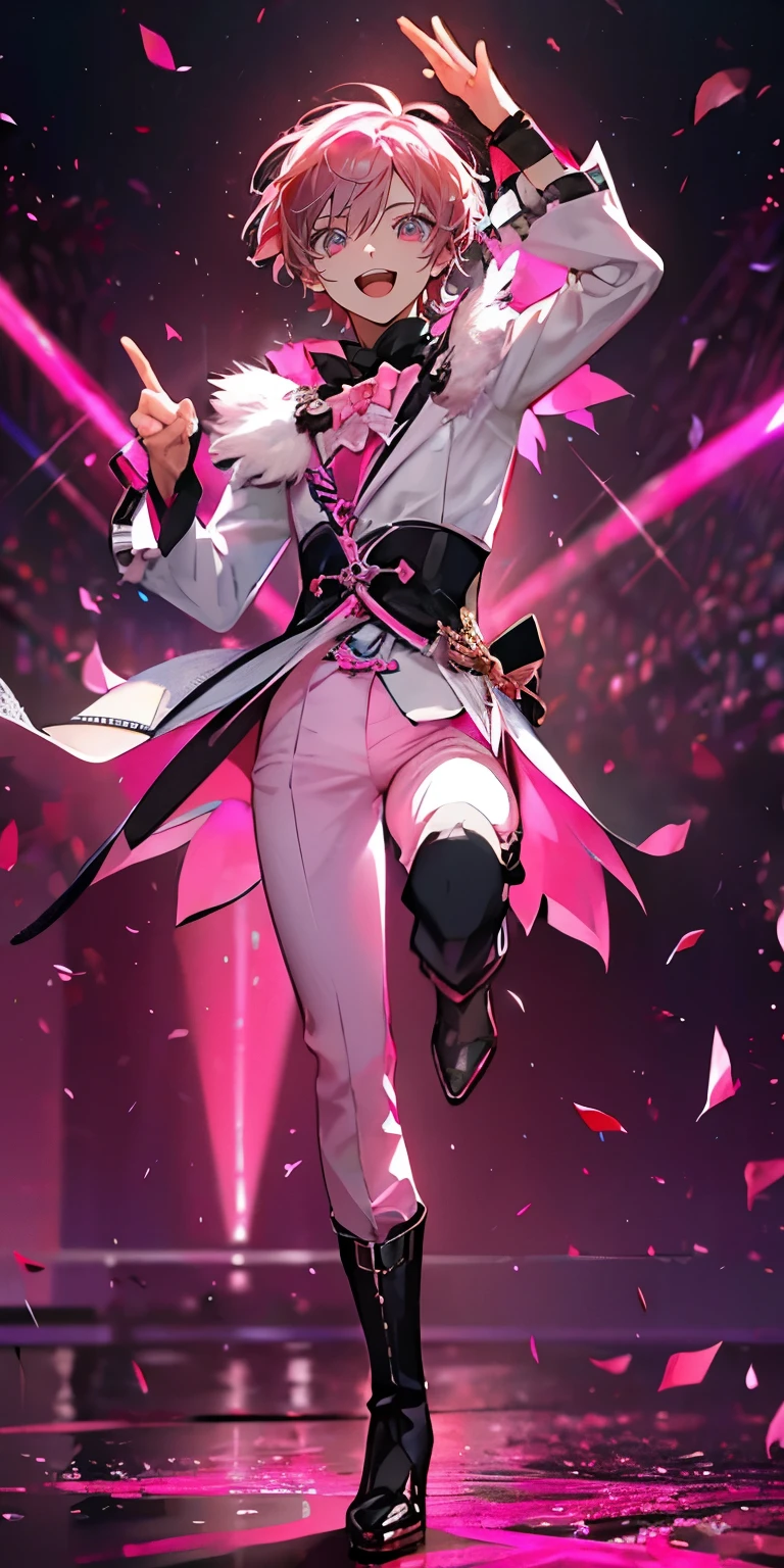 (Mastepiece), (Best Quality), Very detailed, ((1 boy)), Perfect Face, Beautiful Face, Very detailedな顔,((Pink Hair_short hair_Pink eyes:1.3)),Full body photography、Male solo idol、Gorgeous idol costumes、Cape、boots、(pants:1.2)、Hold the microphone、Concert Dome、Lots of confetti、(smile:1.4)、(Open your mouth wide)、sing、dance、Wink、Laser light、Spotlight