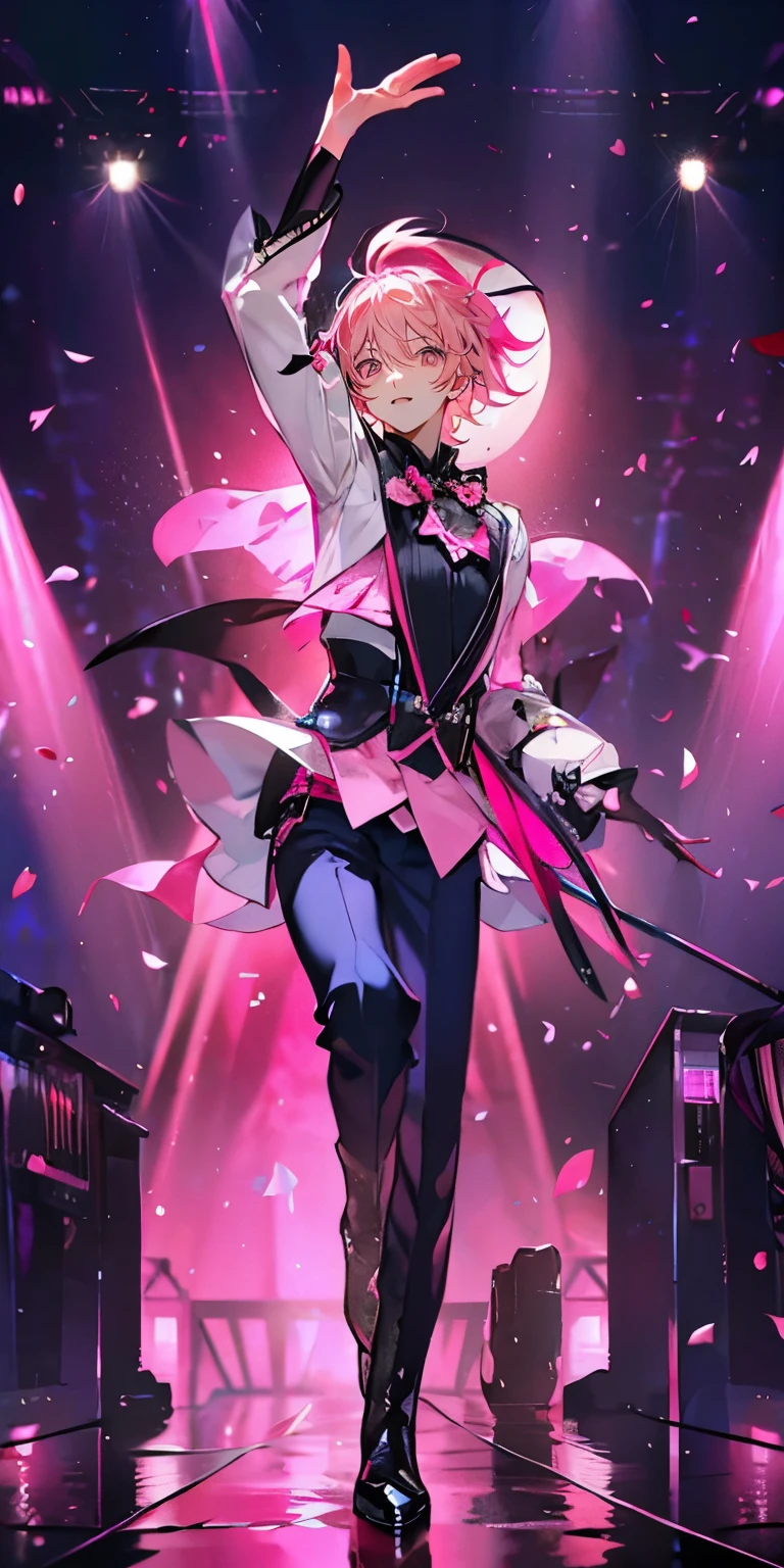 (Mastepiece), (Best Quality), Very detailed, ((1 boy)), Perfect Face, Beautiful Face, Very detailedな顔，((Pink Hair_short hair_Pink eyes:1.3))，Full body photography、Male solo idol、Gorgeous idol costumes、Cape、boots、(pants:1.2)、Hold the microphone、Concert Dome、Lots of confetti、(smile:1.4)、(Open your mouth wide)、sing、dance、Wink、Laser light、Spotlight
