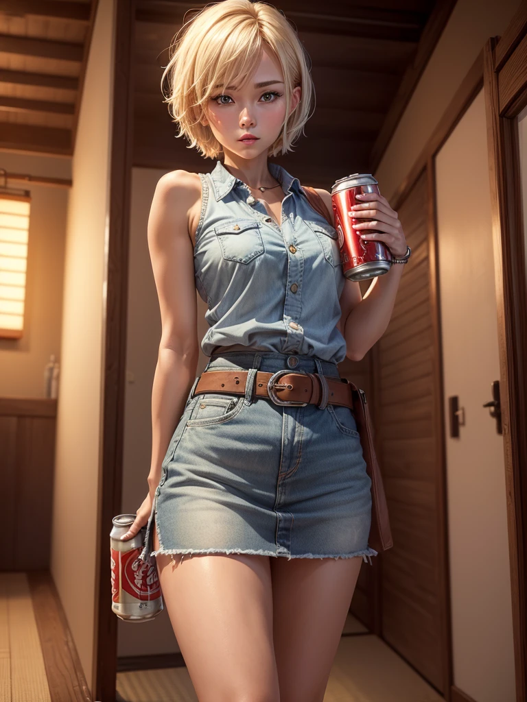 ((One woman, 27 years old)),(( alone:1.5)),Blonde Short Hair,((watch:1.2)),White sleeveless collared shirt,(Denim mini skirt:1.2,Brown belt:1.2),((holding a can of beer in one hand:1.2)),Alluring face:1.6, Perfect light, 8k, masterpiece:1.2, Very detailed, Realistic:1.37, Full HD, Background of Japanese-style room at night,Cowboy shot from the front,Are standing