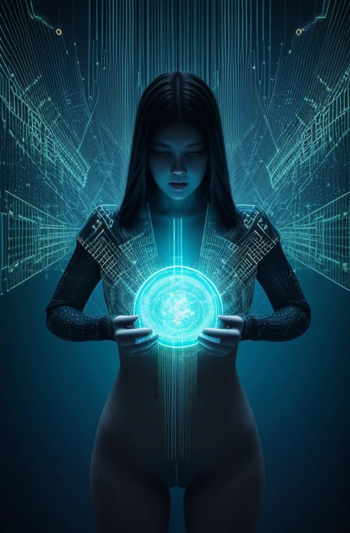 Half Body. high quality, 8K Ultra HD,woman,The body is surrounded by a series of blue binary codes, Curved lines and patterns, Weaving together,Creating a fusion of technology and art, Background with binary code, Hues range from electric blue to bright green, Most popular。