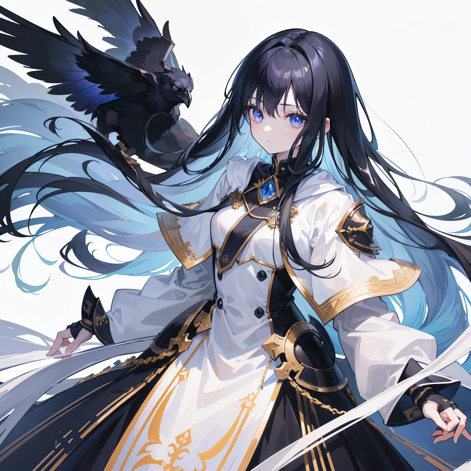 girl,Long Black Hair, The inside of the hair is blue、Iris,White coat,uniform、masterpiece, highest quality, Super detailed, Downcast eyes,Tabletop, highest quality), (Perfect athletic body:1.2),8K High Resolution, Trend Art Station, White Background, Standing in the Wilderness,whole body、Crow-shaped gauntlets