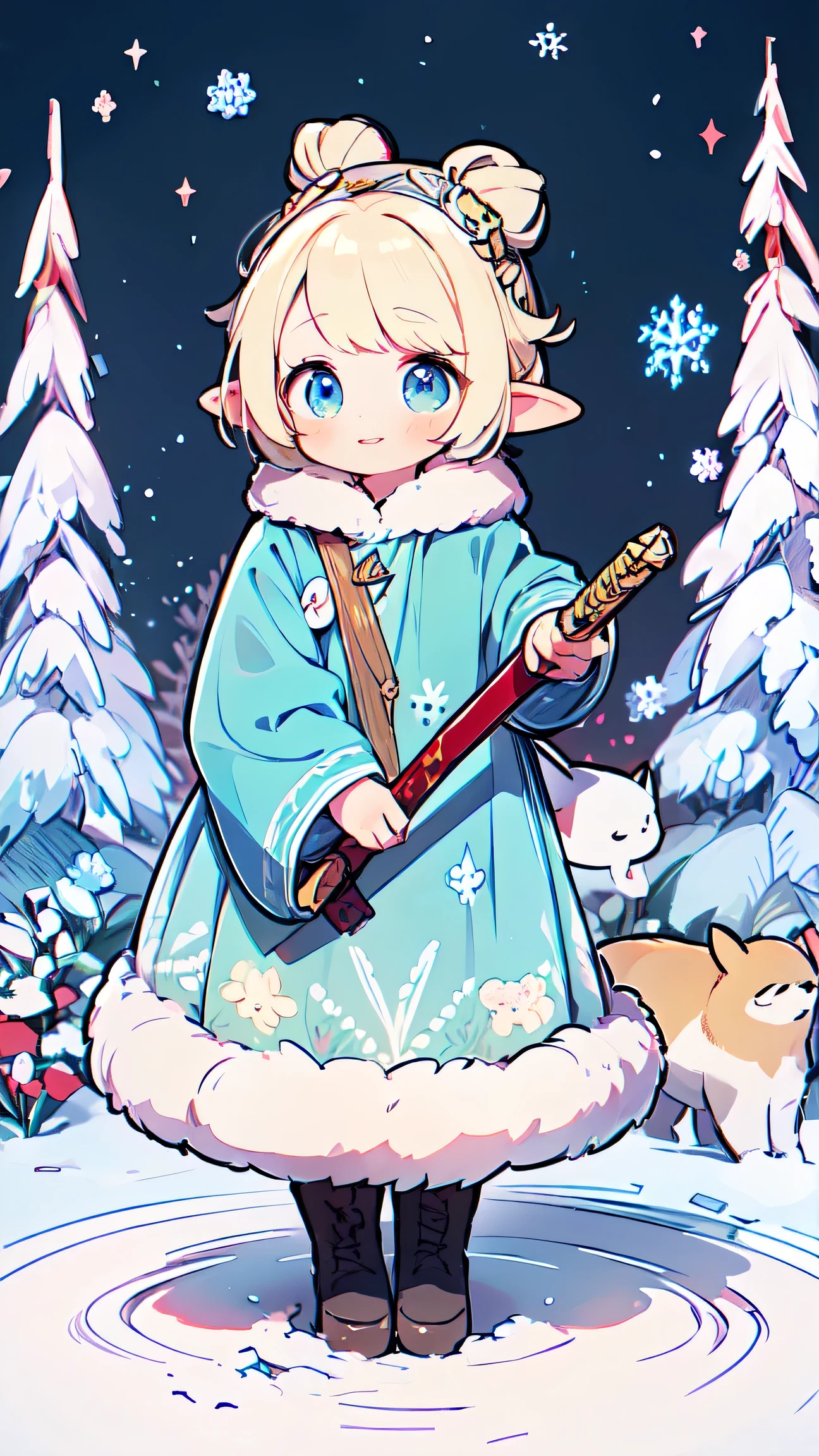 1elf girl, solo, (white blonde hair, Deep Blue Eyes:1.2), Perfect lips, Birdcage Bun, asymmetrical bangs:1.3, light smile, fur trim, fur-trimmed sleeves, long sleeves, holding weapon, sword, chibi. A illustration of a lady with white hair and a sword is in the snow, snowflakes. by Alphonse mucha