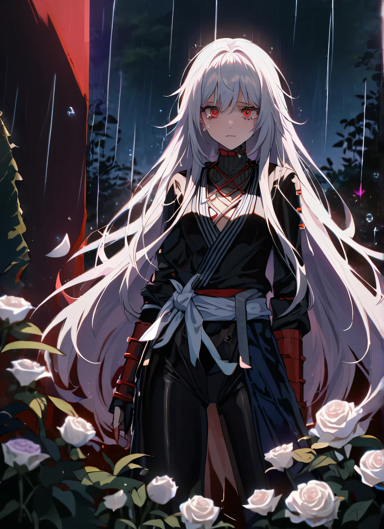 A girl, wearing a damaged captain samurai suit, a very  ripped  damaged samurai suit, missing parts of the suit, skimpy, she's sad, tears, heartbroken, hurt, blood, dark garden, white roses, ultra detailed face, long eyelashes, sharp eyes, perfect make up, wolf samurai, white ultra long hair, fullbody shot, garden, night, rain