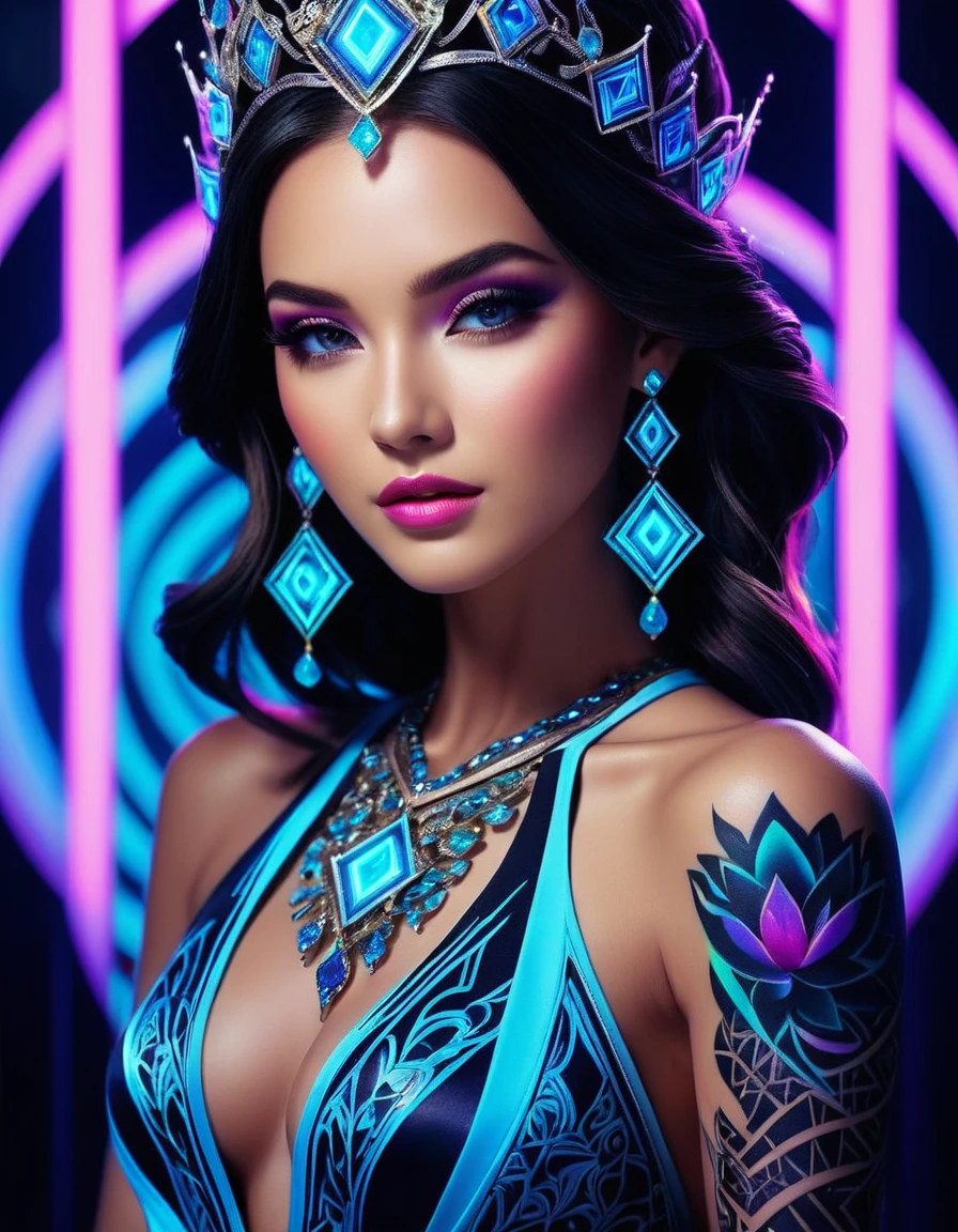 Black light art，A princess，Luminescent tattoo，intricate geometry, Colorful blur, evening formal robes，abstract backgrounds。shadows and highlights，subtle reflections，charming body，fluorescence，glowing，dark temptation，The beauty of tattoos，neonlight，Enchanting fantasy。(Best quality at best,4K,8K,A high resolution,tmasterpiece:1.2),ultra - detailed,(actual,realisticlying,Photorealistic:1.37)。