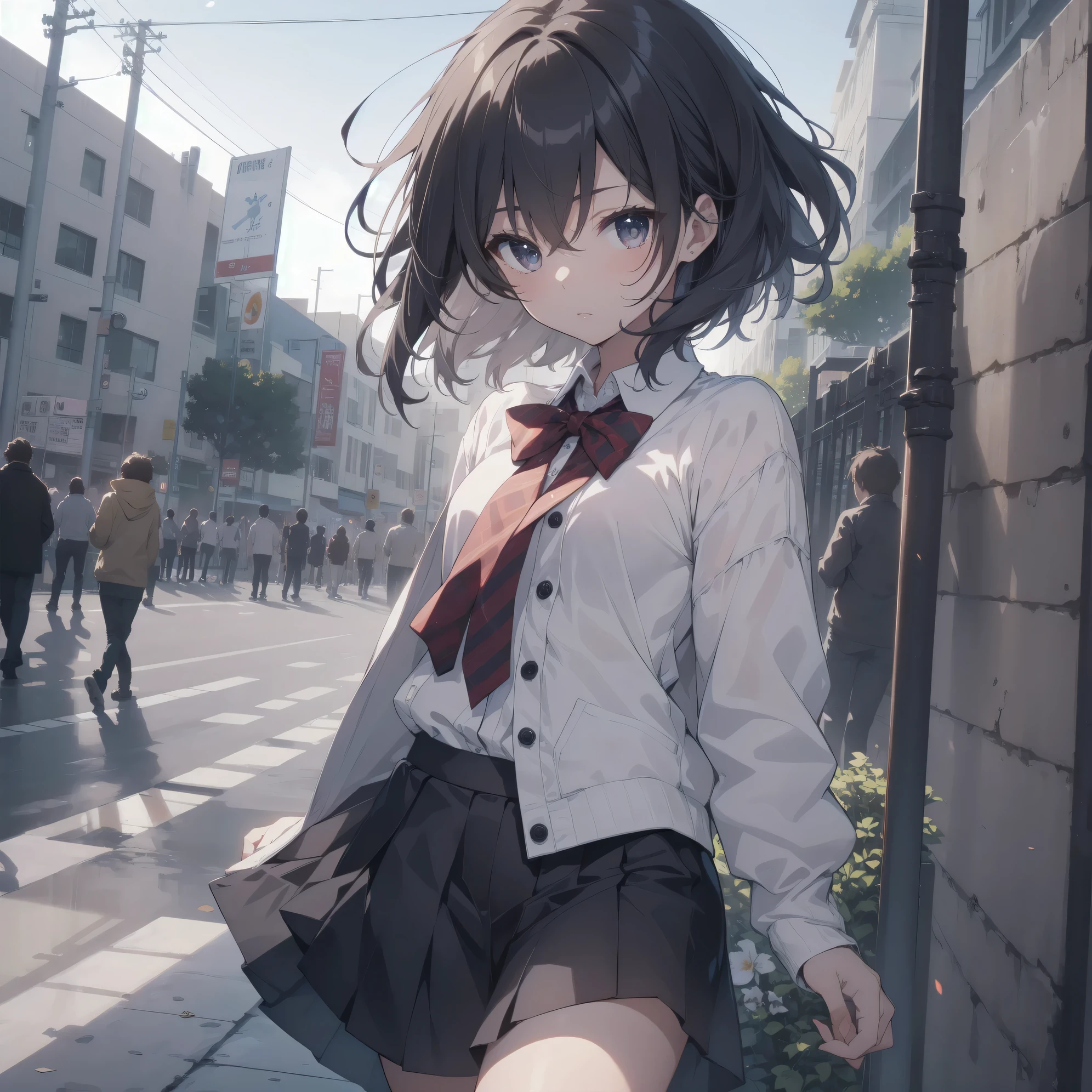 ultra-absurdres-Top quality by artist God, ultra-detailed, high resolution, anime moe artstyle, best anime 8k konachan wallpaper, pixiv contest winner, pool:2810, perfect anatomy,break, 1girl, (Please draw a girl walking sleepily to school alone. )break,(Solo,little female, 13-year-old:1.3),Full limbs, complete fingers,a junior high school student, (very short hair), short cut, flat chest, , small butt, small black eyes, beautiful detailed eyes, well-proportioned iris and pupils, expressive eyes, highres detailed hair, soft expression, school_uniform, bowtie, collared shirt. pleated skirt,(Detailed Lighting), (Detailed background), in the School commute route. break,super detailed skin, Best cinematic lighting powered by famous artist, 8k,beauty illustration,photoshop_(medium),very aesthetic,break,((artist:liduke )), artist:bolze ,artist:oyari ashito ,artist:kantoku ,