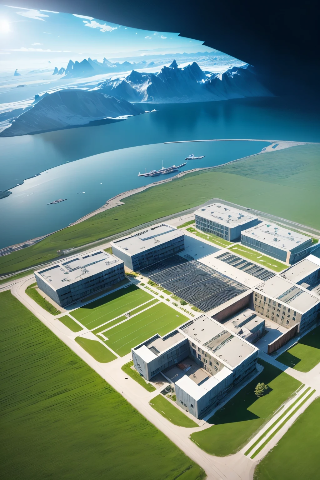 Future technology school，Greenland，Solar panels，Aerial Photography，Many teaching buildings，Holographic projection，Campus Landscape，The Trail，playground，Large area，Comfort，Scattered building layout，Loose