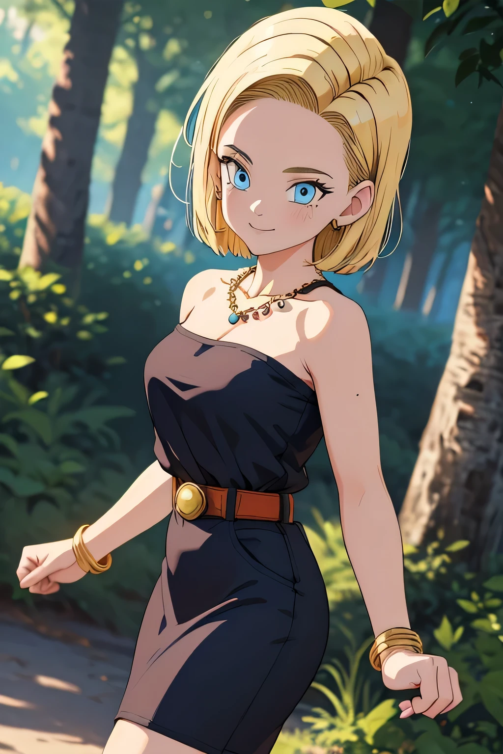 android 18, 1girl, solo, blue eyes, short hair, blonde hair, bead necklace, strapless, black shirt, blue pencil skirt, bare shoulders, medium breast, gold belt, smile, closed mouth, cowboy shot, forest, walking in lovely legs, high heels, outdoor, (insanely detailed, beautiful detailed face, masterpiece, best quality) cinematic lighting,
