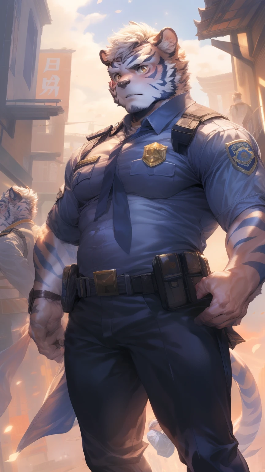 (through empty ghost, From thebigslick, through dark gems, Will chase), Keyuan Tower (Onmyoji Daisenji Temple), High quality photos, Perfect anatomical structure, Anthropomorphic white tiger, Men, 26 years old, thick eyebrows, (short hair:1.5), Light blue stripes, tall, Black tight police uniform, Open neckline, Black leggings, Small bump, Raising one arm, Pointing straight ahead, Standing on the streets of a metropolis, Serious expression, blush, Golden pupils, Looking at the audience, Clear facial features, Solitary, solo, Front view, Full body image, On the streets of a metropolis，Correct gestures