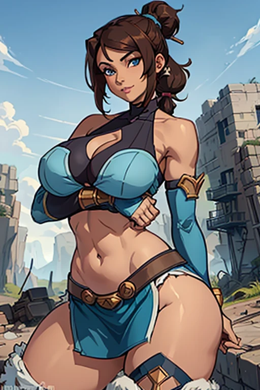 1girl, (solo:1.2), (looking at viewer:1.5), (interesting pose:1.2), (dynamic pose:1.2), (huge breasts:1.2), (happy:1.1), (cowboy shot:1.3), (curvy:1.4), wide hips, slender waist
houtengeki, soft shading, (masterpiece:1.3), (best quality:1.3), (perfect anatomy:1.4), highly detailed, korra, long hair, (brown hair:1.2), black hair, blue eyes, ponytail, dark skin, dark-skinned female, topknot, (hair tubes:1.4), fur-trimmed jacket around waist, (blue halterneck top:1.3), armlet, vambraces, (bare shoulders:1.3), (arm_warmers:1.3), sleeveless, (post fight scenery:1.3), rubble, outside, daylight