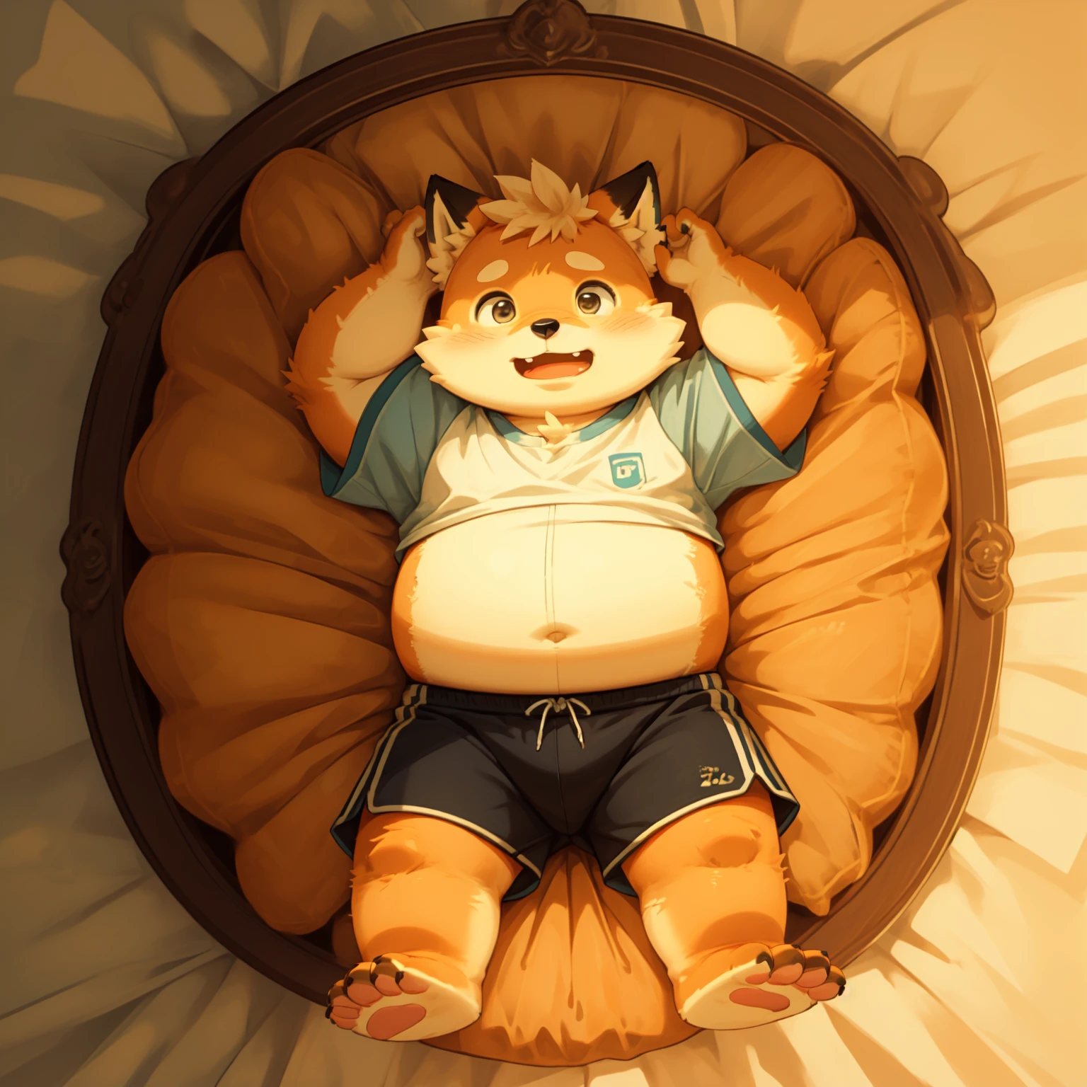 New Jersey 5 Furry，fox，Unique，portrait,Exquisite，Chubby，Orange plush fur，Cute face，child，Short sleeve，shorts，On the bed，behave in a spoiled manner，Acting cute