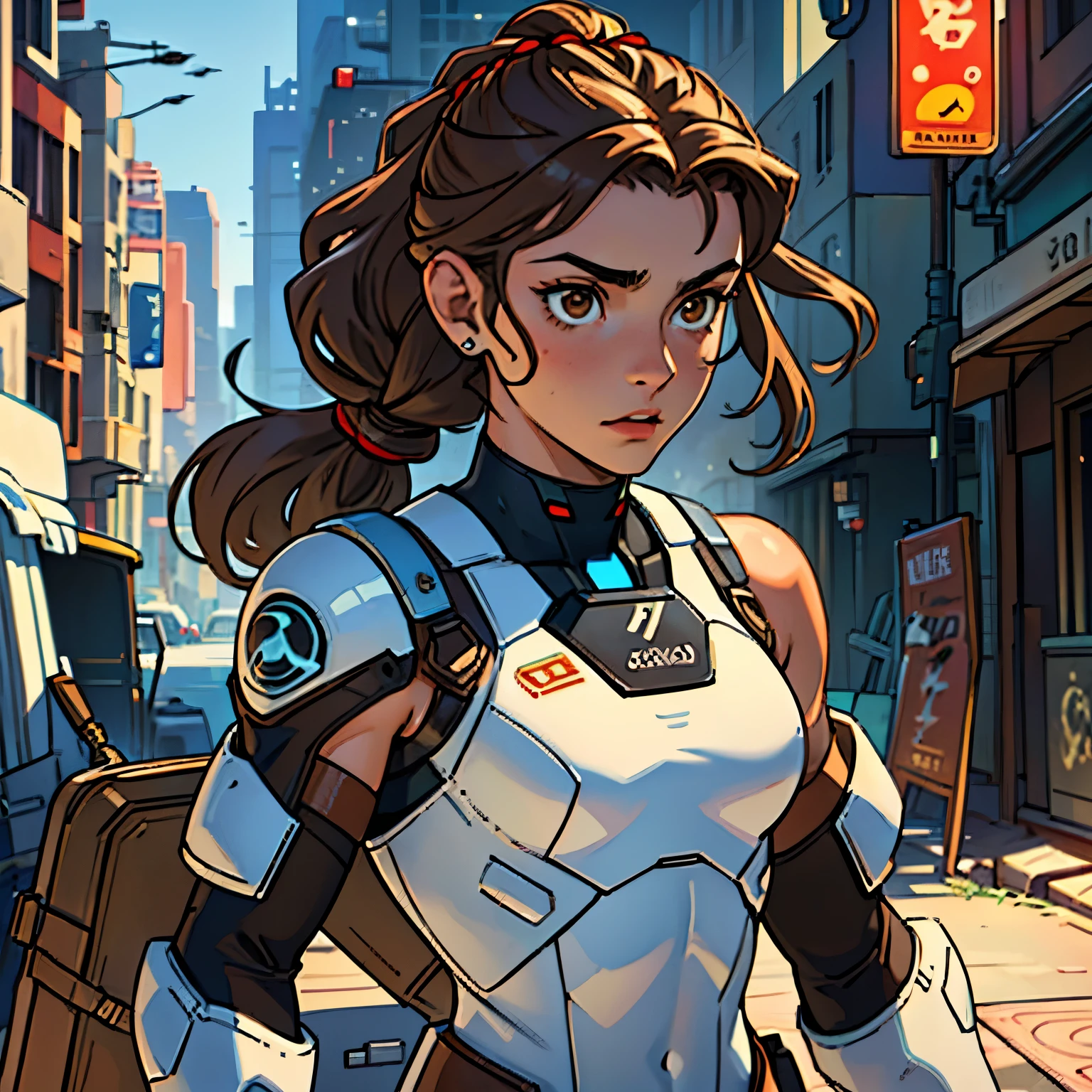 (Caucasian teenager), 18 years old, brown eyes, (wavy brown hair), (hair tied back), medium hair, small medium breasts. She wears a white sci-fi suit, bare shoulders, solo, in futuristic city, war. HD 4k