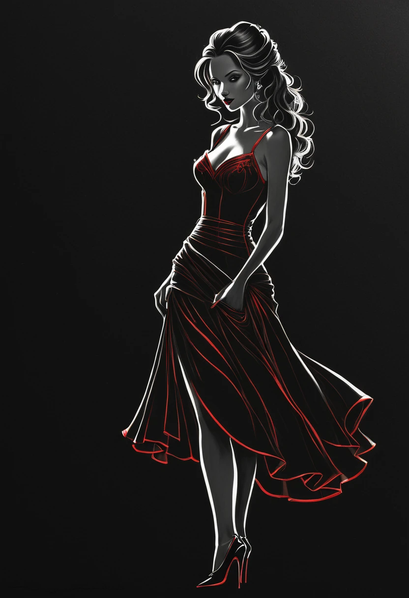 black pencil shading, charcoal drawing, tinted paper, pencil drawing, brutal dark b/w color scheme,
Poster, close-up, Full body, Shadow art, red outline drawing on dark black background, Red outline silhouette, loose hair, beautiful young woman silhouette, perfect physique, slim graceful shape, charming modesty, perfection in tight black silk dress, resolution 8k, Side view, Shadows, Mysterious, style of Jean Baptiste Monge, Thomas Kinkade, David Palumbo, Karn Griffiths., gold patterns,
