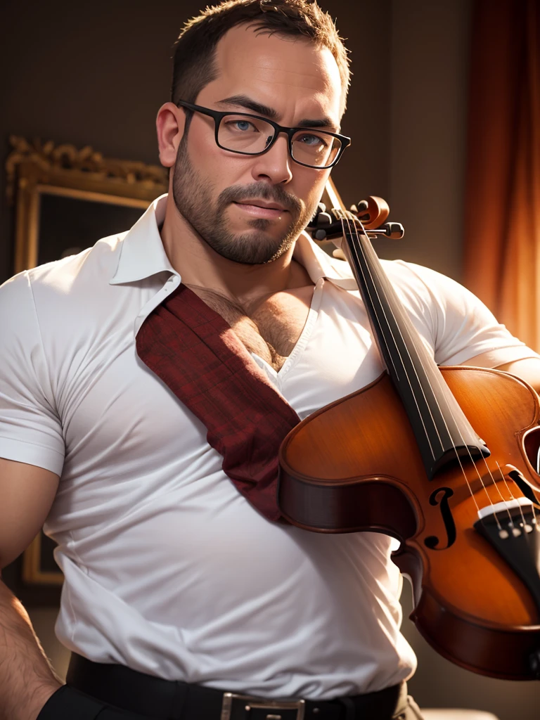 (40 years old daddy:1.1), 1boy, Solo, round face, short hair, brown eyes, beefy body, (big shoulders), big pecs, big pectorals, stubbles, Short beard, Beautiful eyes:1.3, (Detailed face:1.3), wearing glasses, Dynamic Angle, volumetric lighting, (Best quality, A high resolution, Photorealistic), Cinematic lighting, Masterpiece, RAW photo, stock photo, Intricate details, hdr, depth of field, there is a man that is playing a violin in a room, man with white shirt playing violin, violinist, he put the violin in his shoulder and start pulling the violin bow, upper body photo,