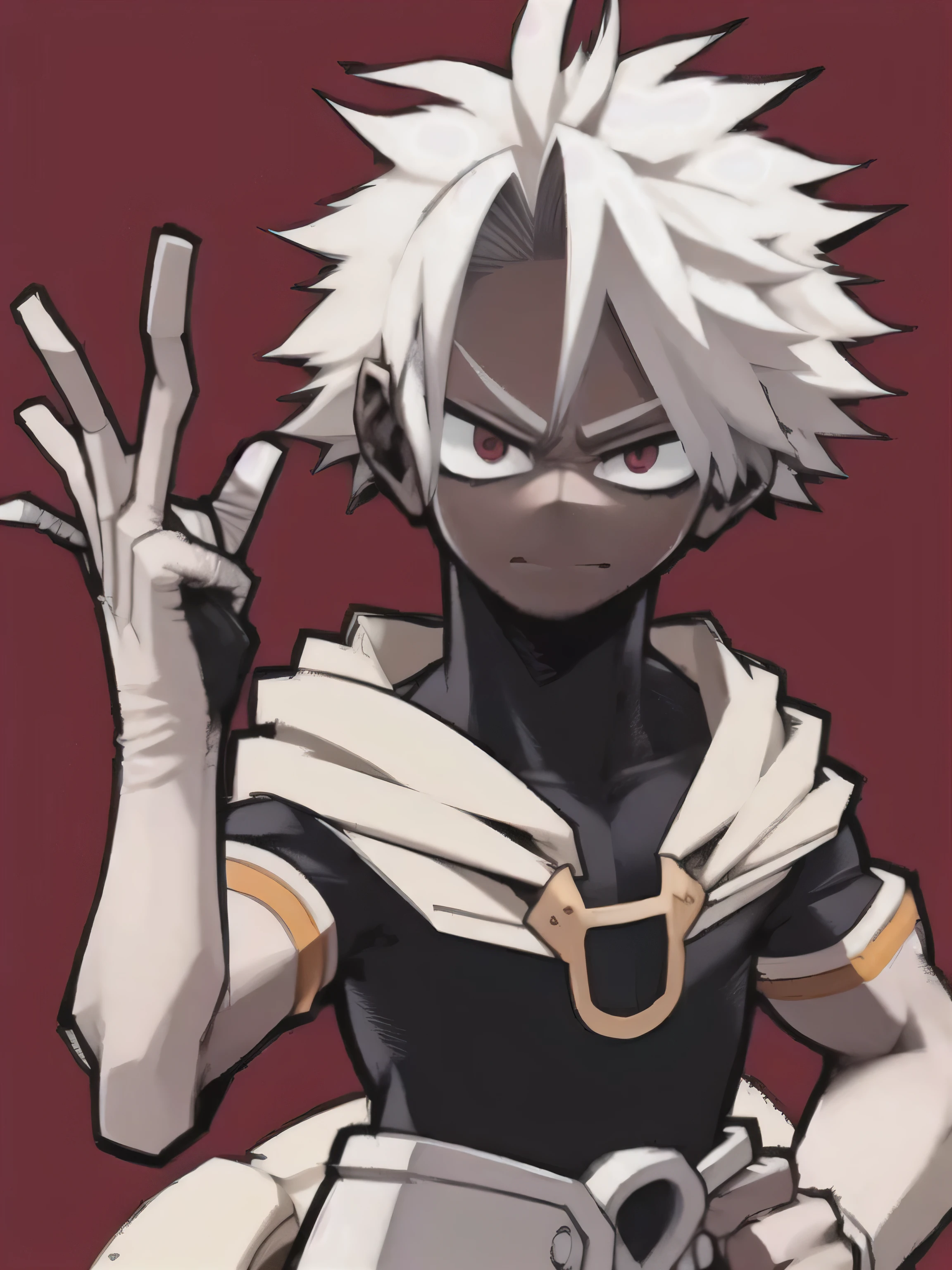 (masterpiece, best quality:1.2),Drawing style like Boku no hero, Completely black skin, white hair, thin eyes, one red eye and the other purple, man