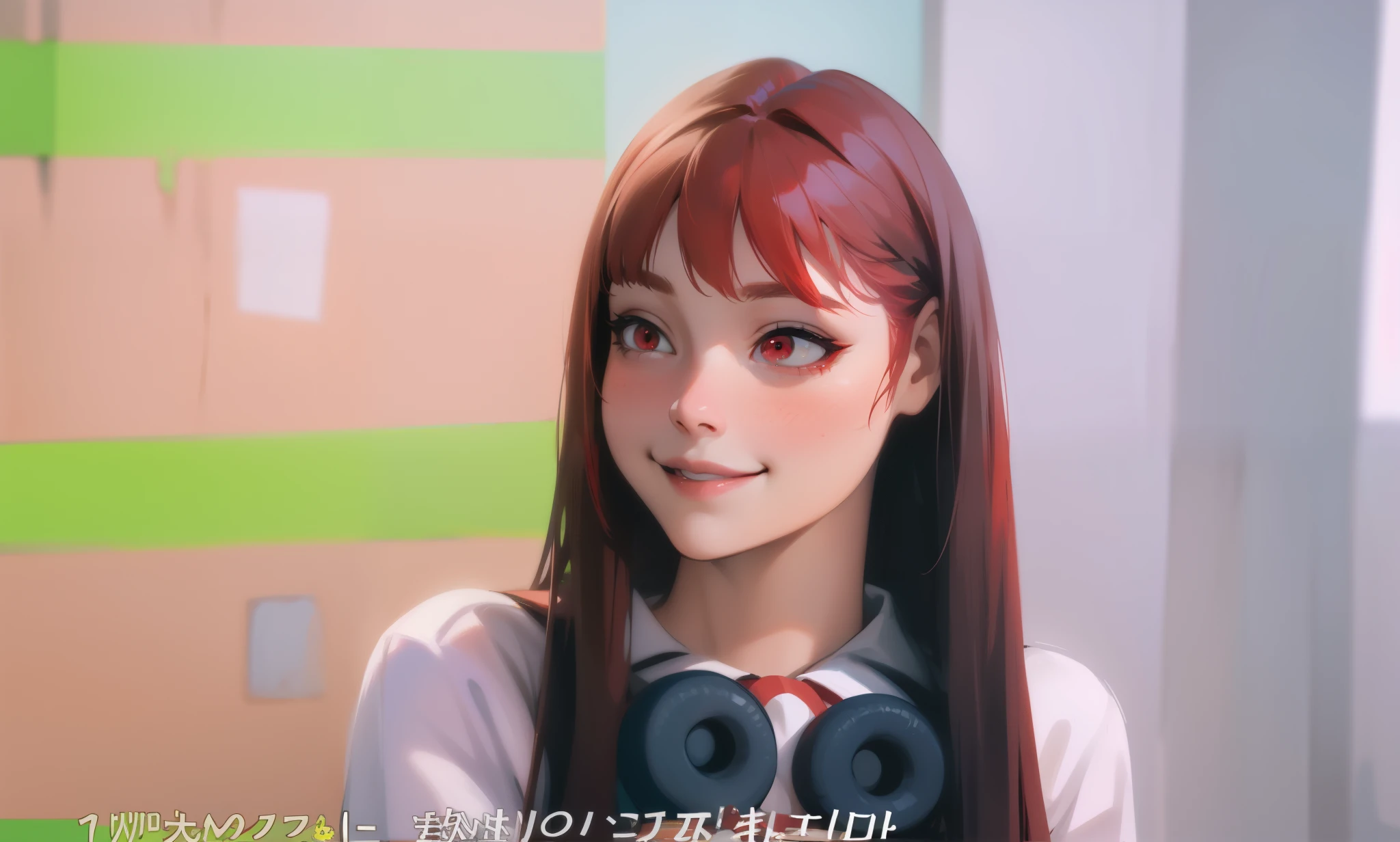 23-year-old woman red hair red eyes smiles maliciously irony mocks