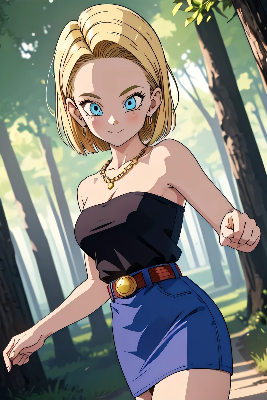 android 18, 1girl, solo, blue eyes, short hair, blonde hair, bead necklace, strapless, black shirt, blue pencil skirt, bare shoulders, medium breast, gold belt, smile, closed mouth, cowboy shot, forest, walking in lovely legs, high heels, outdoor, (insanely detailed, beautiful detailed face, masterpiece, best quality) cinematic lighting,