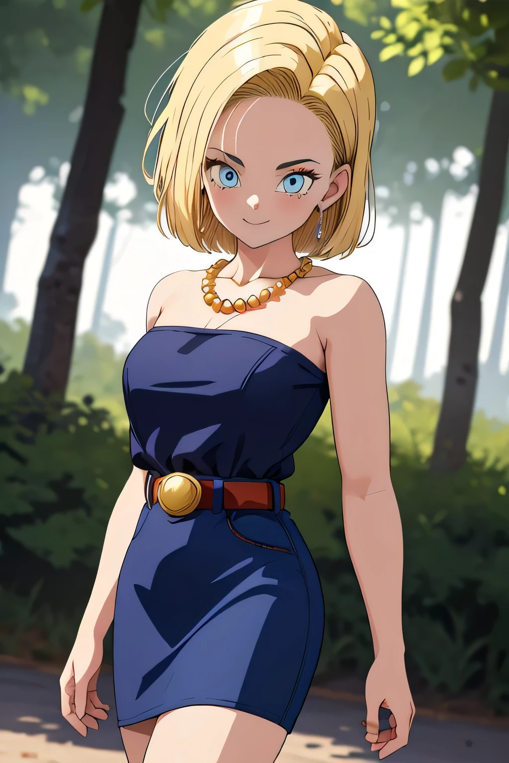 android 18, 1girl, solo, blue eyes, short hair, blonde hair, bead necklace, strapless, black shirt, blue pencil skirt, bare shoulders, medium breast, gold belt, smile, closed mouth, cowboy shot, forest, walking in lovely legs, high heels, outdoor, (insanely detailed, beautiful detailed face, masterpiece, best quality) cinematic lighting,