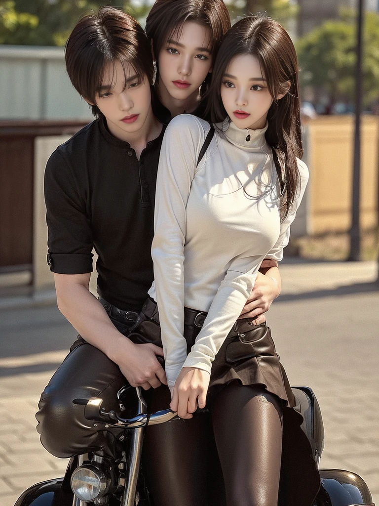 ((Incredibly stylish and beautiful)), ((really meticulous CG)), (realistic)、(intricate details:1.2)、(masterpiece、:1.3)、(top quality:1.4)、(Ultra A high resolution:1.2)、Ultra A high resolution, 8K resolution, Very detailed expression, studio soft light, vivid details, super detailing, complete anatomy, realistic skin texture, realistoc shading, (Highly detailed CG Unity 16k wallpaper), (High Quality), 1 man, wild, sharp, manly, Handsome, jacket, pants, ((((A MAN riding a motorcycle with a girl in the back)))), A girl, beautiful, ((slim blouse, skirt, pantyhose)), ((A GIRL dangling from man's back)), Korean univesity campus couple, a college sweethearts, a well-decorated outfit, complex body details, (short: 1.3), (best quality: 1.0), (very high clarity: 1.0),(Beautiful and detailed eye description),Unreal Engine:1.4, photorealistic:1.4, skin texture:1.4, masterpiece:1.8,best quality、laugh、Long limbs, in the city