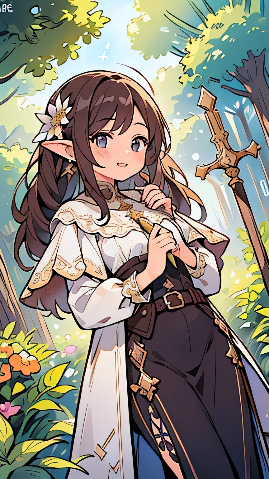 (((masterpiece))), (((最high quality))), ((Very detailed)), (Very detailed CG illustration), ((Very delicate and beautiful)),Cinematic Light, Absurd, high quality, High resolution, 最high quality, masterpiece, Illustrations for novels, comics, (Detailed Background), Very detailed, (Detailed Description), prospect, (8k, RAW Photos, 最high quality, masterpiece), Excellent anatomy,
masterpiece, 最high quality, Very detailed, Shining Light, (Detailed Background, Complex background:1.2), (Perfect Face, Detailed face), (Mature Woman, Mature Woman:1.4), full-face blush, smile, Lips parted, Thighs, Freezing, One girl, long hair, Pointed Ears, Twin tails, jewelry, Fairy, Earrings, Capelet, white Capelet, Long sleeve, Parted front hair, dress, staff, belt, flower (Outdoor, garden),poker face
(Eyebrow_appear_Through_hair:0.586), (Milky Way:0.766), shy pose,(Dutch Angle:1.3),shy,blush,
(Fashion Magazines :1.3)