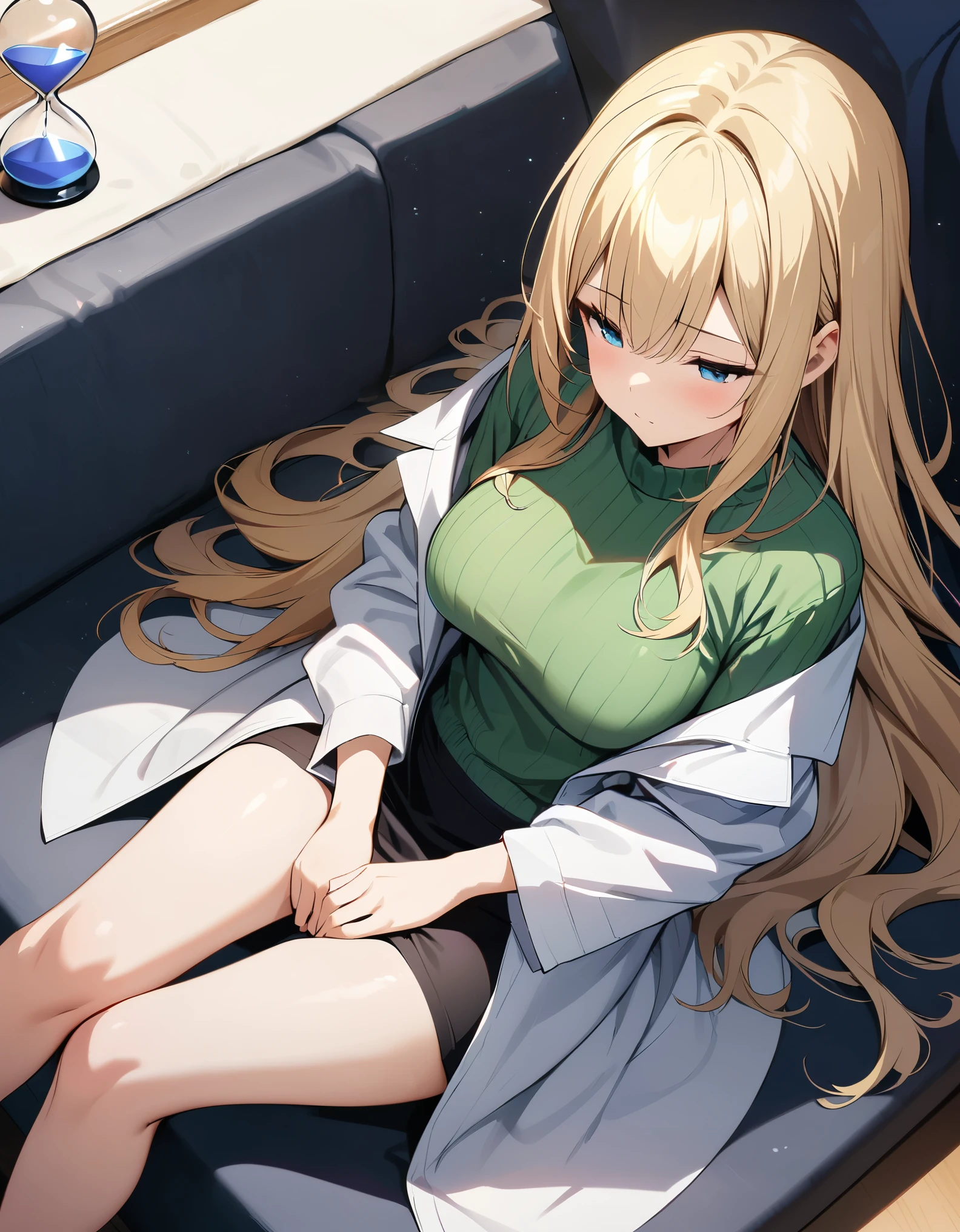 ((Masterpiece, top quality, high resolution)), ((highly detailed CG unified 8K wallpaper)), 1girl, solo, blonde hair, very long hair, wav hair, blue eyes, tsurime, long eyelashes, hourglass figure, white lab coat, green sweater, black miniskirt, sleeping, sitting on sofa