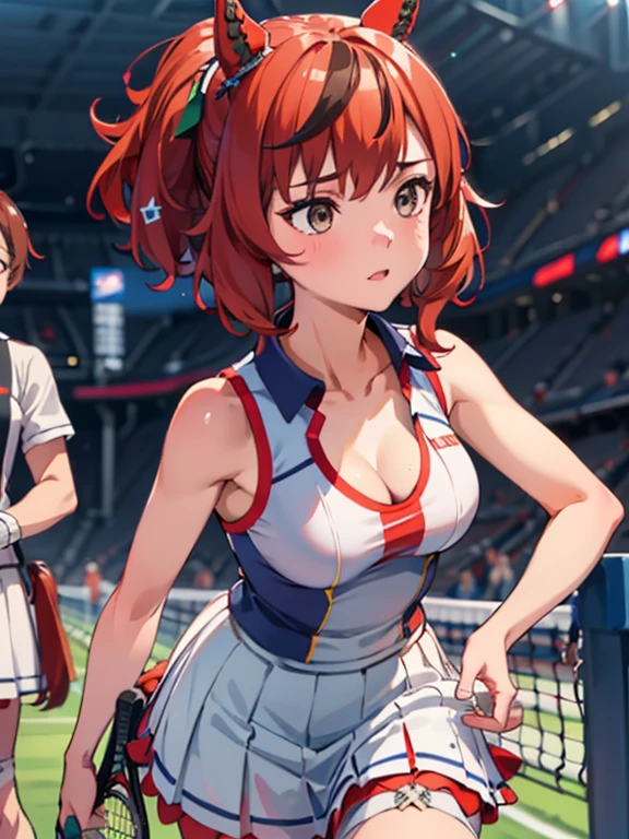 nicenature, 1 female tennis player,One guy,tennis dress,(slenderness:1.3)、flipping skirt,Tennis racket in hand,dynamicposes,(stadio:1.5)、closeup cleavage、RAW photography, top-quality, A high resolution, (tmasterpiece), (Photorealsitic:1.4),sharp focus, NFFSW, 8K resolution, intricately details, depth of fields, the Extremely Detailed CG Unity 8K Wallpapers, Frontlighting,