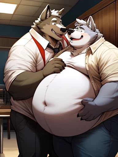 Obese, Chubby , male , furry, fluffy, salivating , wet,  kissing , Hug ,  face , clothes, wet clothes, , wolf, fat, big , fat , obese fat belly, big belly, obese belly, hugging with love, Grab belly fat.
(Extremely Romantic atmosphere, masterpiece) , tight work attire,  shirt, black tie, , big belly, very fat belly exposed, belly to belly, sweating, break room, dark, night time, no light, belly to belly, Grab belly fat, very obese, very fat, very huge fat belly, duo anthro obese wolf.