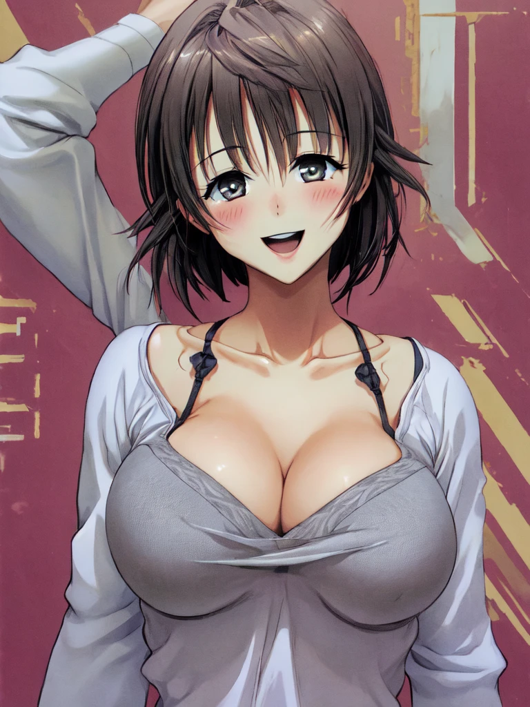 1girl, solo, breasts, blush, smile, short hair, open mouth, large breasts, shirt, upper body, comic, grey, looking down, flying sweatdrops, spiked hair, clothes writing, genderswap (mtf), grabbing own breast