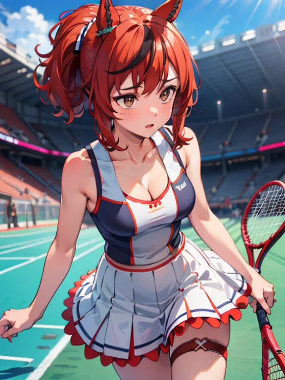 nicenature, 1 female tennis player，One guy，tennis dress，(slenderness:1.3)、flipping skirt，Tennis racket in hand，dynamicposes，(stadio:1.5)、closeup cleavage、RAW photography, top-quality, A high resolution, (tmasterpiece), (Photorealsitic:1.4),sharp focus, NFFSW, 8K resolution, intricately details, depth of fields, the Extremely Detailed CG Unity 8K Wallpapers, Frontlighting,