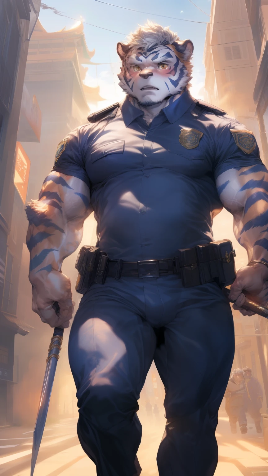 (through empty ghost, From thebigslick, through dark gems, Will chase), Keyuan Tower (Onmyoji Daisenji Temple), High quality photos, Perfect anatomical structure, Anthropomorphic white tiger, Men, 26 years old, thick eyebrows, (short hair:1.5), Light blue stripes, tall, Black tight police uniform, Open neckline, Black leggings, Small bump, Holding a baton, Pointing straight ahead, Standing on the streets of a metropolis, Angry expression, blush, Golden pupils, Looking at the audience, Clear facial features, strong, Solitary, solo, Front view, Full body image, On the streets of a metropolis,Correct gestures