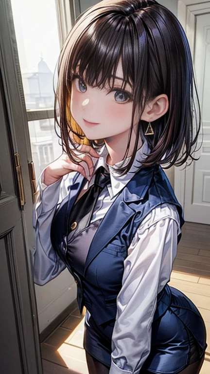 ((highest quality)), ((masterpiece)), (detailed), (Character Focus、breast focus), 8k, 4k, ((Symmetrical facial features)), Anime 2D Rendering, Realistic young anime woman,
One Girl: 1.5,
((Symmetrical facial features)), (Symmetrical, well-balanced eyes), (Beautiful fine details、Shining Eyes), Perfect Face, Beautiful clavicle,Beautiful body, Beautiful thighs, Beautiful feet, Beautiful breasts, Perfect round butt,
(Beautiful white skin:1.5), (Oily, Shiny skin:1.2), Slightly larger breasts, 20-year-old,
Beautiful Hair, Hair fluttering, bangs, Black Hair, (Wolf Cut Hair),
(((Three-piece suit))), (white collar dress shirt), (Blue suit vest:1.4), (((Suit jacket)))、(Blue pencil mini skirt:1.4)、(Black Pantyhose:1.4)、(Black High Heels)、
Earrings、Gold Necklace、
Captivating smile、View your viewers,