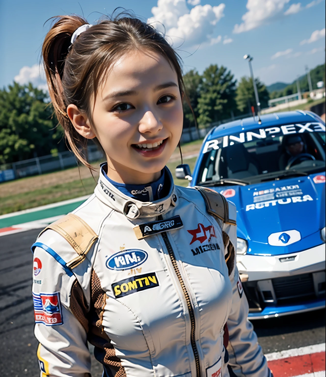 highest quality,masterpiece,Ultra-high resolution,(Photorealistic:1.4),(One girl),1 female,20 years,(Are standing),(White racing suit),smile,(Brown short hair),ponytail(Ultra-detailed human face),(Very delicate teeth), Outdoor,(orbit),Pit Road,Race Car,
