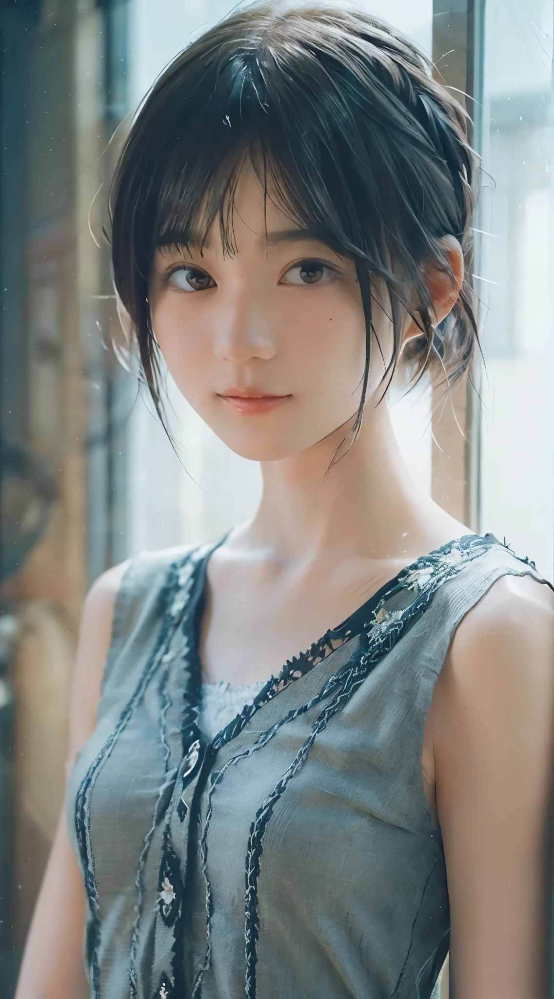 (8k, highest quality, masterpiece: 1,2), (Realistic, Realistic: 1.37), Super Detail, One Girl, ), (Very detailed), (Beautiful fine details), (highest quality) , (Very detailed), (masterpiece), (Detailed face), 18-year-old, One person girl, whole body, Are standing, Black Hair, Very short hair, Medium chest, Perfect lighting, looking at the camera, I brought a love letter, Full head of floral hair, impressive, Written boundary depth, Short Hair, Short Bob, Straight face, Head and body balance