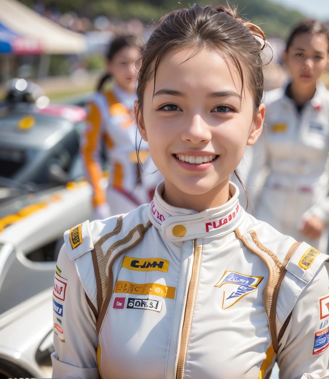 highest quality,masterpiece,Ultra-high resolution,(Photorealistic:1.4),(One girl),1 female,20 years,(Are standing),(White racing suit),smile,(Brown short hair),ponytail(Ultra-detailed human face),(Very delicate teeth), Outdoor,(orbit),Pit Road,Race Car,