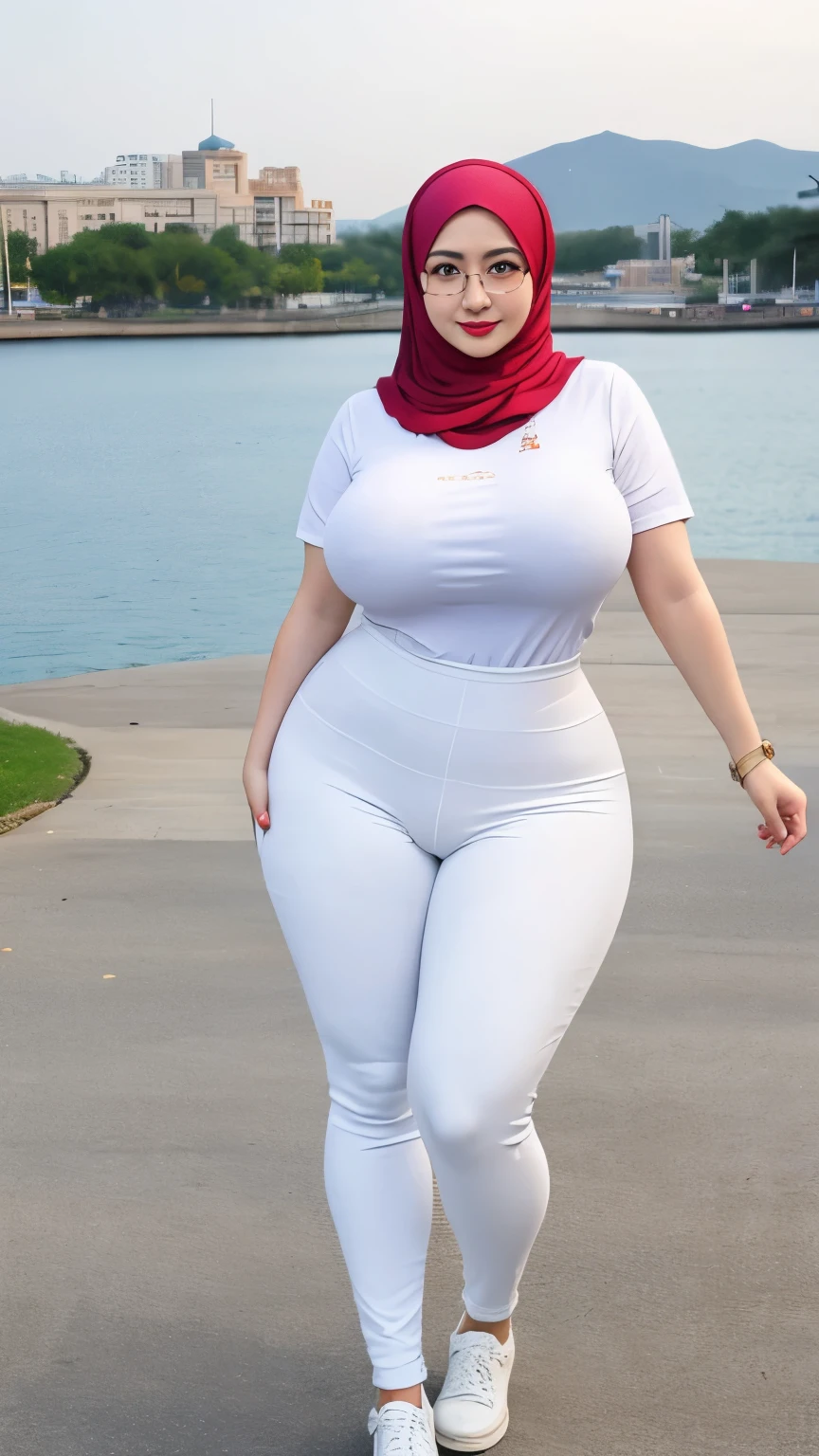 curvy long tall thicc nice body hijab asia adult girl, real beautiful face detailed, perfect blue eyes detailed, very beautiful (wearing eyeglass), realistic red natural lips, perfect white skin, perfect curvy thicc long tall body, wearing watch left hand, tight texture body anatomy detailed, spreads legs pose, wearing tight ripped white shirt sports, tight ripped largest full huge breasts, ripped big nipples, ultra resolution highest quality detailed, ultra sharp highest quality detailed, (Masterpiece: 1.3), wearing tight ripped white legging, tight ripped chubby cleavages huge cameltoes, curvy wides waists, curvy chubby wides thicc hips, nice long tall thighs, nice tight ripped big rounds thicc ass, perfect nice long tall legs slightly fat, nice long tall feets slightly fat, foots wearing shoess detailed, no bra, no panties, shows whole all full body, spoiled expressien, busy city park background