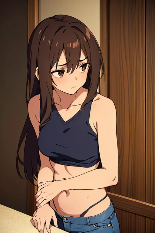 ((best quality)), ((masterpiece)), (detailed), perfect face, brown skin anime girl in a deep V-neck tied top, (bare shoulders), (jeans short), (long hair), starving, (resting hands on the stomach), (hands on the stomach), (beautiful skinny girl), (embarrassed expression), (nervous)