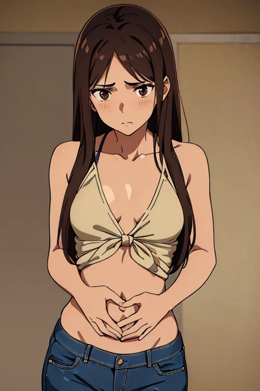 ((best quality)), ((masterpiece)), (detailed), perfect face, brown skin anime girl in a deep V-neck tied top, (bare shoulders), (jeans short), (long hair), starving, (resting hands on the stomach), (hands on the stomach), (beautiful skinny girl), (embarrassed expression), (nervous)