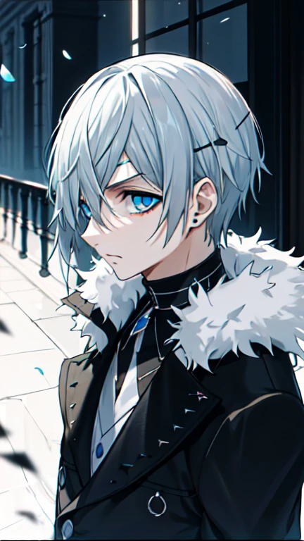 "4k night ruin, dark atmosphere, there's a man, with white colour hair, glow blue eyes, wears elegant black coat, he looks depressed with black lines in his eyes.", ciel