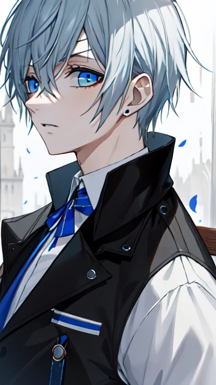 "4k night ruin, dark atmosphere, there's a man, with white colour hair, glow blue eyes, wears elegant black coat, he looks depressed with black lines in his eyes.", ciel