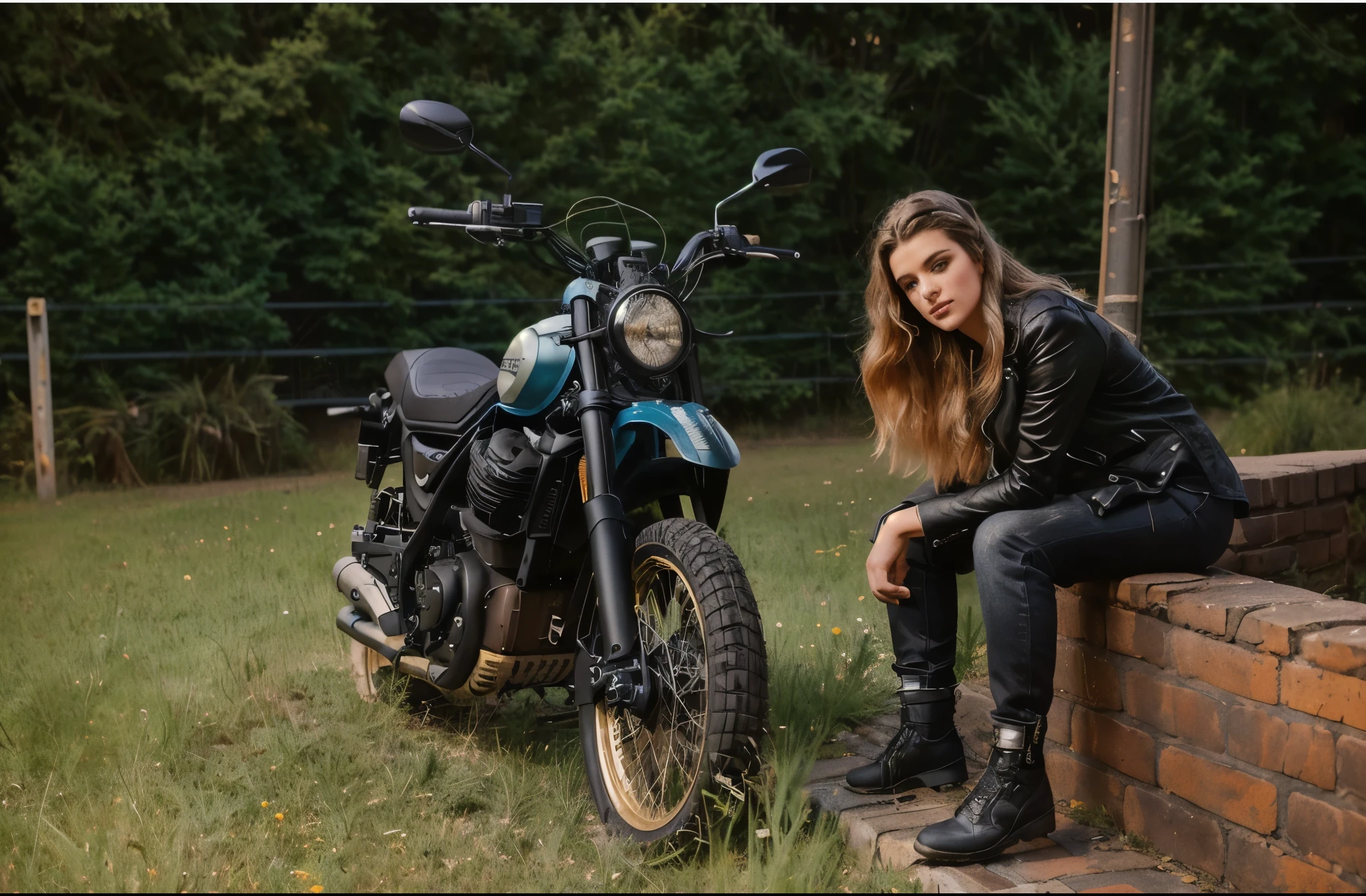 araffe sitting on a brick wall next to a motorcycle, Scrambler,, photo shoot, sitting on a motorcycle, Profile picture, Photo of a female cyclist, author：Romain Brook, Avatar pictures, motorcycle, 2021, 2 0 2 1, motorcycle, motorcycles, photo shoot, Barbara Hemp, author：Drew Tucker