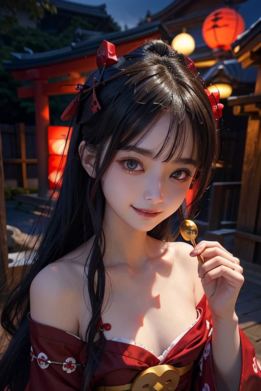 、woman、whole body、Evil Smiley Face, Red eyes, Iris, shrine、Small breasts、Shrine maiden、yukata