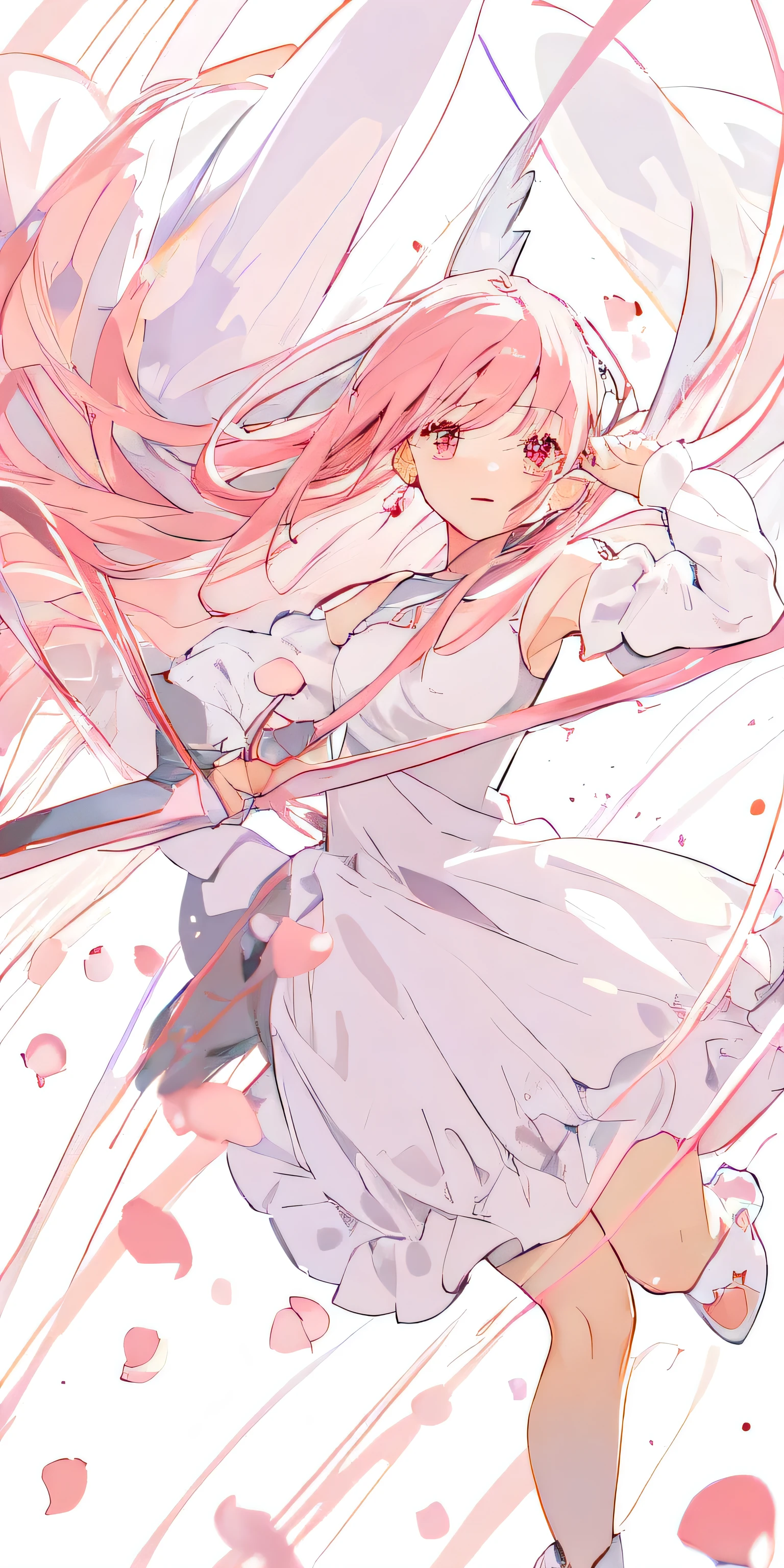 magical madoka ultimate ver, white dress, long pink hair, flying, flying hair, dark background, detail background, madoka, archer, roses