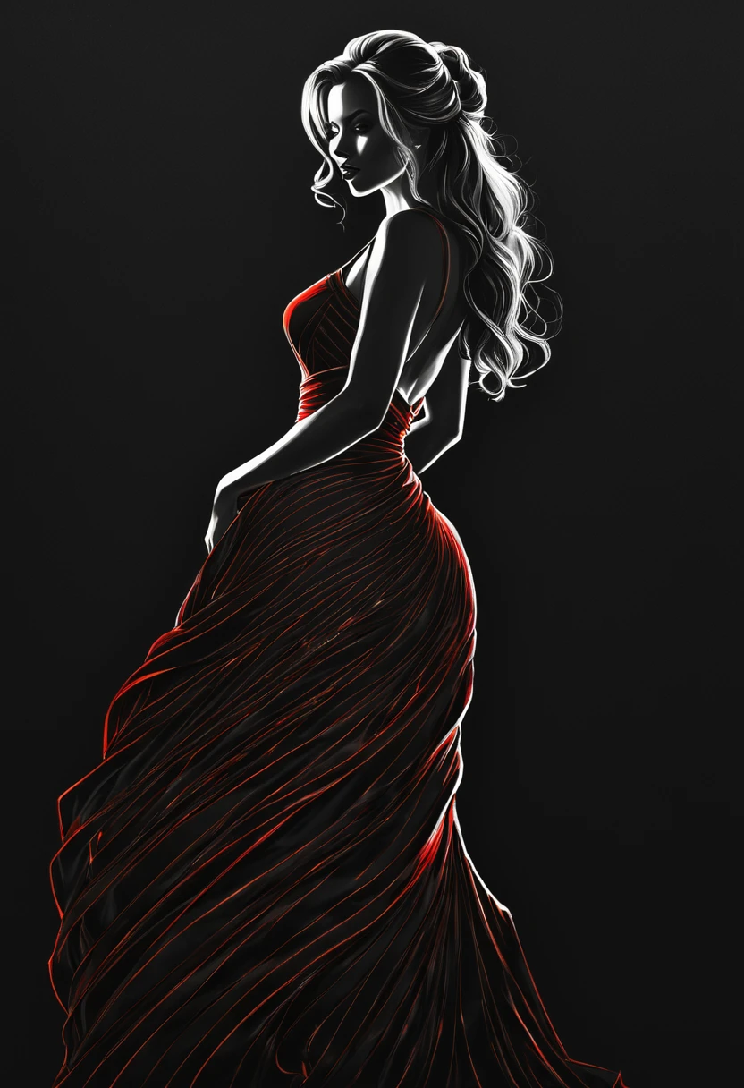 black pencil shading, charcoal drawing, tinted paper, pencil drawing, brutal dark b/w color scheme,
Poster, close-up, Full body, Shadow art, red outline drawing on dark black background, Red outline silhouette, loose hair, beautiful young woman silhouette, perfect physique, slim graceful shape, charming modesty, perfection in tight black silk dress, resolution 8k, Side view, Shadows, Mysterious, style of Jean Baptiste Monge, Thomas Kinkade, David Palumbo, Karn Griffiths., gold patterns,